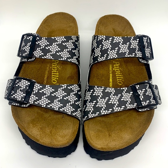 Papillio Birkenstock Arizona Knotted Sandal Black White L8 M6 Platform Chunky - Picture 3 of 16